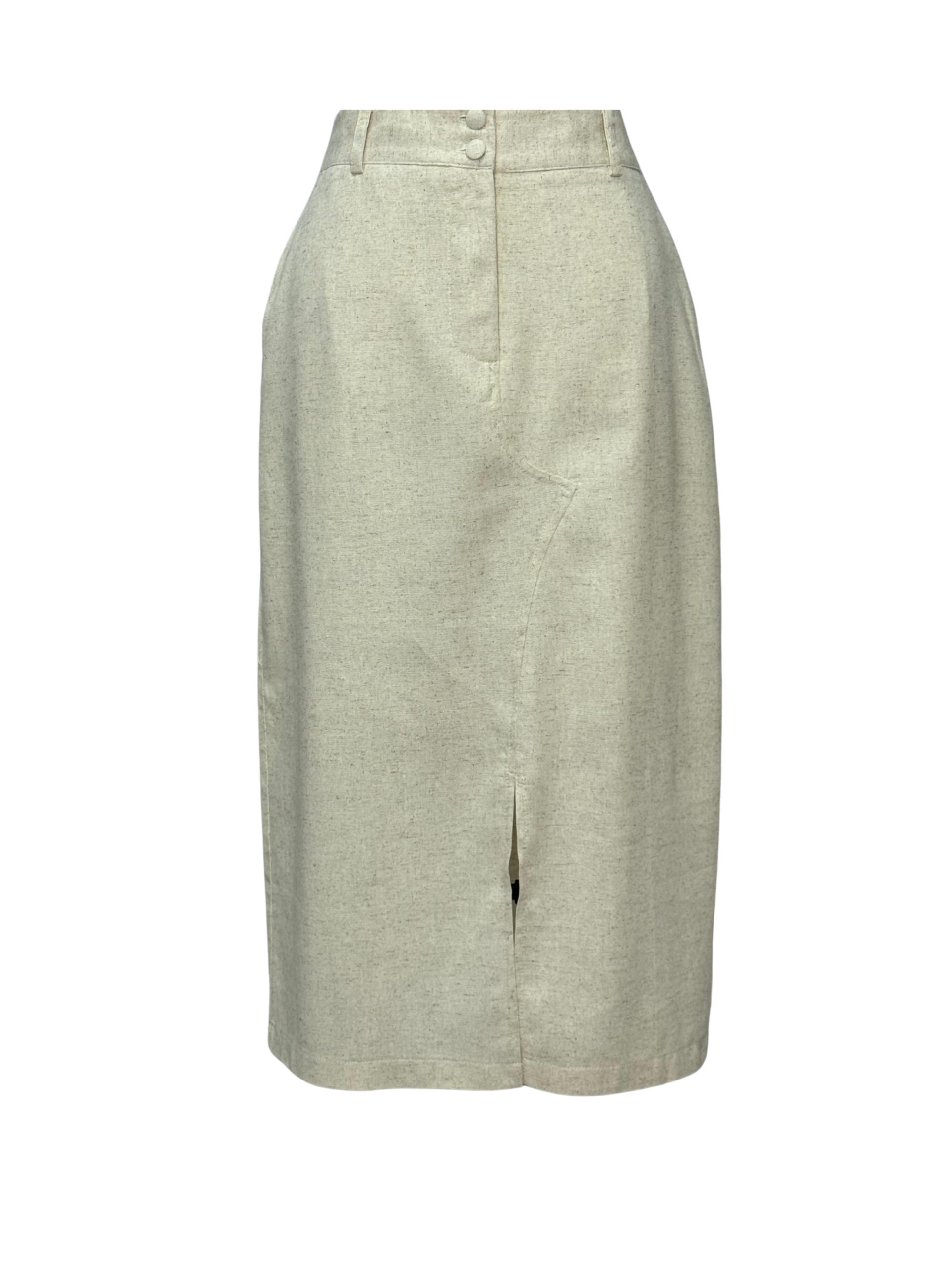 SAIA MIDI DE LINHO COM BOTAO E FENDA - CRÚ 1 SAIA MIDI DE LINHO COM BOTAO E FENDA - CRÚ