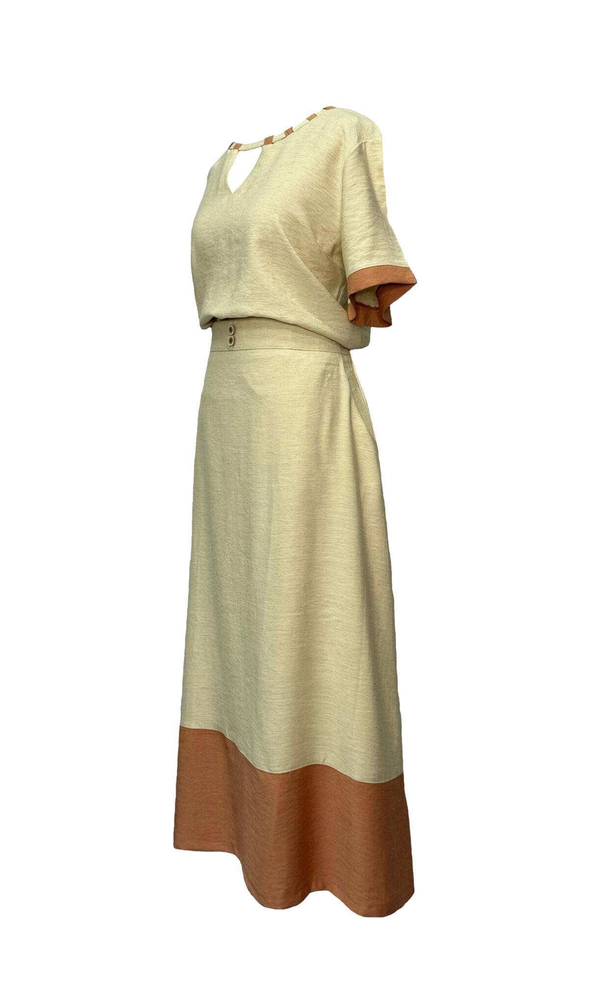 CONJUNTO COM SAIA ALFAIATARIA LINHO CAMEL/AREIA - Imagem 3