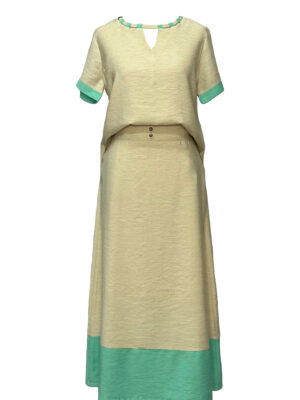 CONJUNTO COM SAIA ALFAIATARIA LINHO VERDE/AREIA